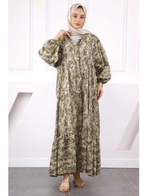 Haki Yarım Düğmeli Eteği Katlı Elbise