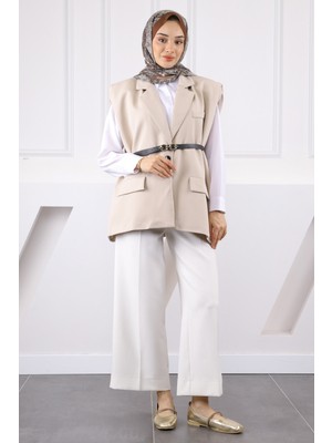 İmaj Butik Bej Bel Kemerli Yelek Polyester Kumaş ile Şık Oversize Tasarım Kadın Giyim