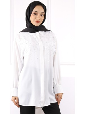 İmaj Butik Ekru Kol Taşlı Gömlek
