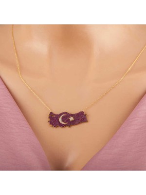 925 Ayar Gümüş Gold Ay Yıldız Türkiye Haritası Kadın Kolye