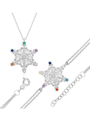 925 Ayar Gümüş Renkli Taşlı Kar Tanesi Kadın Set