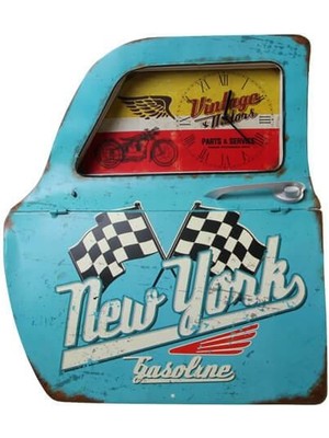 Dekoratif Newyork Temalı Mavi Araba Kapısı Saatli Duvar Rafı