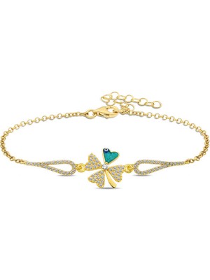 925 Ayar Gümüş Gold Nazarlı Yonca Bileklik