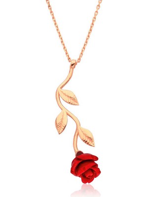 925 Ayar Gümüş Rose Kırmızı Gül Kolye