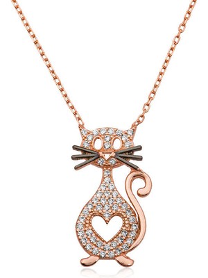 925 Ayar Gümüş Kalpli Kedi Kadın Gümüş Kolye