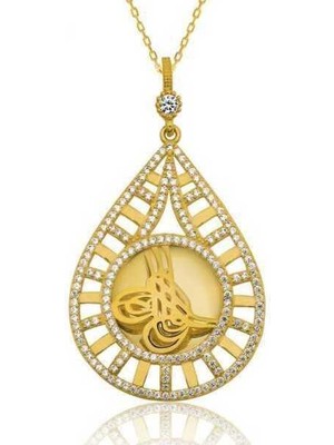 925 Ayar Gümüş Damla Tuğralı Altın Kaplama Kadın Gümüş Kolye