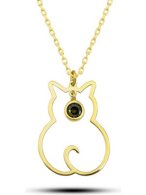 925 Ayar Gümüş Ağustos Ayı Doğum Taşı Kedi Kadın Kolye