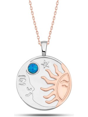 925 Ayar Gümüş Rose Opal Mavi Taşlı Ay Güneş Kadın Kolye