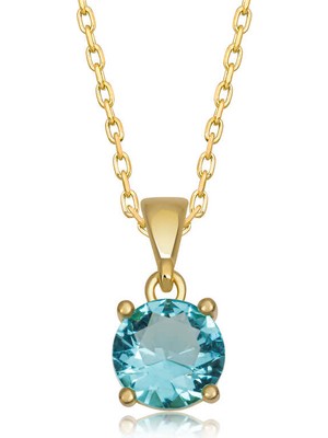 925 Ayar Gümüş Gold Turkuaz Kristal Yuvarlak Taşlı Kadın Gümüş Kolye