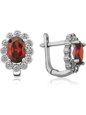 Gümüş Kırmızı Çiçek Desenli J Bayan Küpe