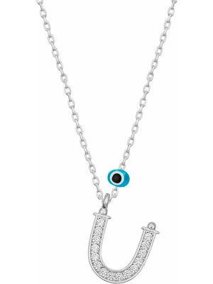 925 Ayar Gümüş Nazar Rodyum Ü Harfi Kadın Gümüş Kolye