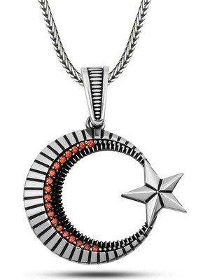 Gümüş Zirkon Taşlı Ay Yıldız Erkek Kolye