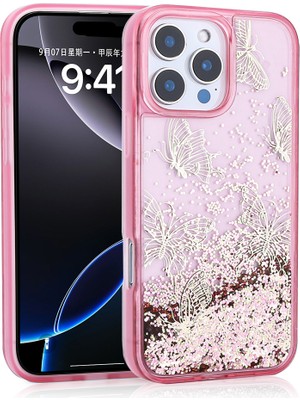 iPhone 16 Pro Max Uyumlu Kılıf Sıvılı Simli Kelebek Baskılı Şeffaf Arka Yüzey Klfs Glis Silikon Kapa