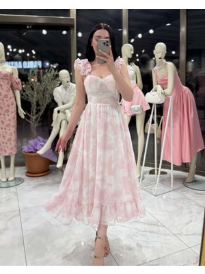 Leya Askısı Fırfırlı Desenli Şifon Elbise Toz Pembe