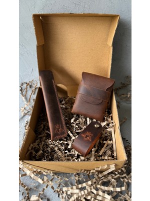 Oh Deer Leather Hediye Kutusu 3'lü Set | Hakiki Deri Kartlık + Anahtarlık + Kalemlik | Şık Kutulu
