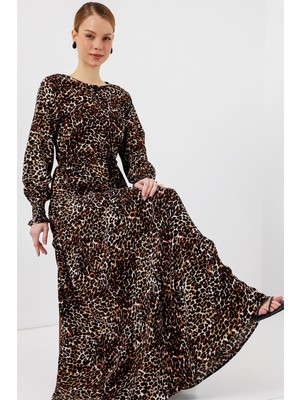 2145 Desenli Tesettür Elbise - C. Kahverengi