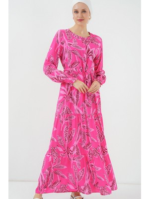 2145 Desenli Tesettür Elbise - Fuşya