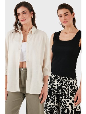 Lela Streç Pamuklu Oversize Fit 2' Li Paket Gömlek-Atlet Set Bayan Gömlek-Atlet Set 67810014979S2