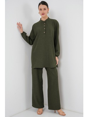 6678 Keten Tunik Pantolon Ikili Takım - Haki