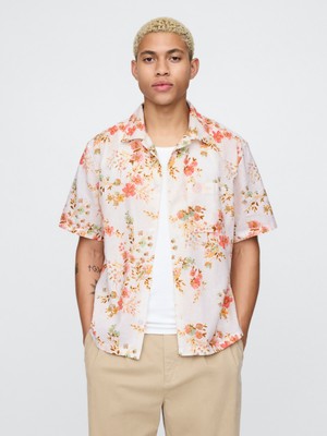 Gap Erkek Kırık Beyaz Keten Karışımlı Desenli Gömlek