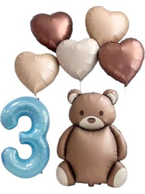 Retro Ayı Mavi Kalp Rakam Folyo Balon Doğum Günü Balon Seti