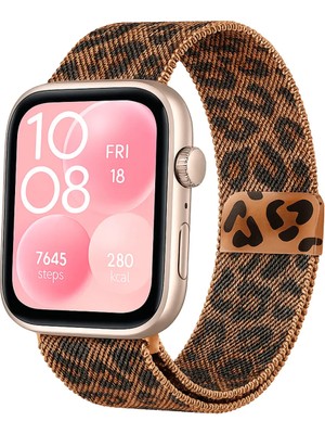 Huawei Watch Fit 4 & Watch Fit 4 Pro Uyumlu Leopar Desenli Paslanmaz Metal Hasır Milano Kordon