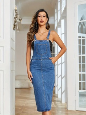 Gelirr Kadın Askılı Ön ve Arka Cep Detaylı Diz Altı Kot Salopet