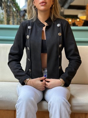 Gelirr Kadın Uzun Kollu Hakim Yaka Yanlardan Düğmeli Kısa Süet Ceket