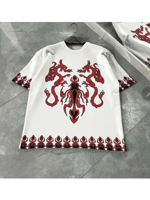 Gelirr Unisex Bisiklet Yaka Baskılı Oversize T-Shirt - Beyaz