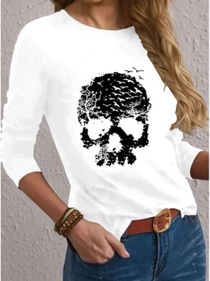 Gelirr Kadın Uzun Kollu Bisiklet Yaka Kurukafa Desenli Viskon Bluz