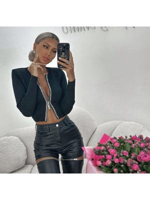 Gelirr Kadın Kaşkorse Kumaş Zincirli Çift Fermuarlı Fırsat Ürün Bluz