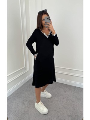 Gelirr Kadın Uzun Kollu V Yakalı Şerit Detaylı Cepli Midi Viskon Iki Iplik Elbise