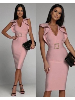 Gelirr Kadın Derin V Dekolteli Omuzları Volan Detay Fırsat Ürün Tokalı Elbise