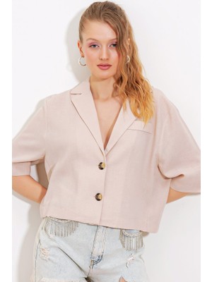 Gelirr Krem Çift Düğmeli Oversize Crop Keten Ceket 0706
