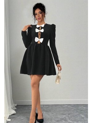 Gelirr Kadın Dalgıç Kumaş Fiyonk Detaylı Uzun Kollu Mini Boy Elbise