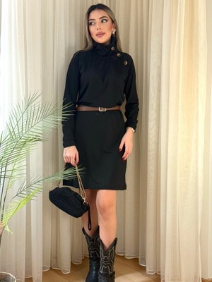 Gelirr Kadın Uzun Kollu Balıkçı Yaka Düğme Detaylı Kısa Şardonlu Dalgıç Elbise