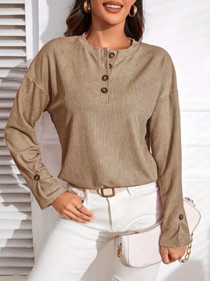 Gelirr Kadın Uzun Kollu V Yakalı Düğmeli Salaş Şardonlu Kaşkorse Bluz