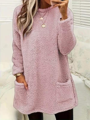 Gelirr Kadın Uzun Kollu Yuvarlak Yakalı Cepli Peluş Bluz