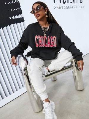 Gelirr Kadın Içi Polarlı Üç Iplik Kumaş Chicago Baskılı Ikili Takım
