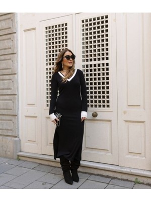 Gelirr Kadın V Yaka Şerit Detaylı Çift Yırtmaçlı Elbise