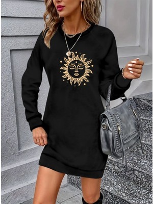 Gelirr Kadın Uzun Kollu Bisiklet Yaka Güneş Desenli Viskon Iki Iplik Elbise