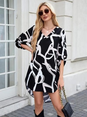 Gelirr Kadın Uzun Kollu V Yakalı Desenli Dalgıç Elbise