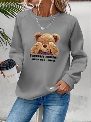 Gelirr Kadın Uzun Kollu Bisiklet Yaka Ayıcık Desenli Viskon Iki Iplik Bluz