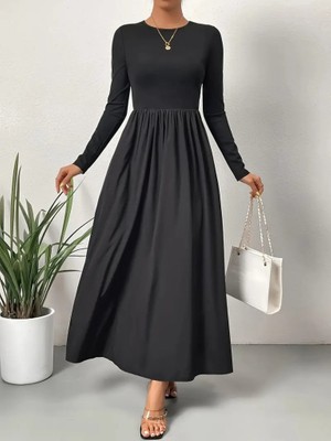 Gelirr Kadın Uzun Kollu Bisiklet Yaka Uzun Üst Viskon Alt Trikoton Elbise