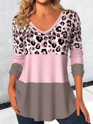 Gelirr Kadın Uzun Kollu V Yakalı Leopar Baskılı Şardonlu Dalgıç Bluz