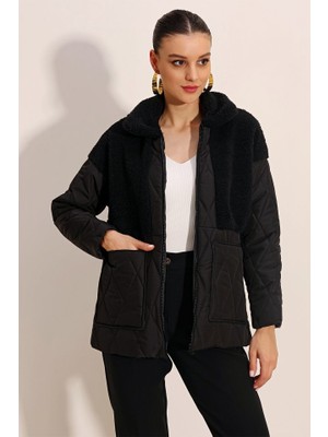 Gelirr 5182 Peluş Detaylı Oversize Şişme Mont - Siyah