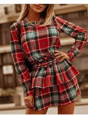 Gelirr Kadın Ekose Kumaş Dijital Baskılı Uzun Kollu Mini Boy Elbise