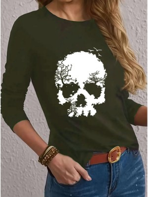 Gelirr Kadın Uzun Kollu Bisiklet Yaka Kurukafa Desenli Viskon Bluz