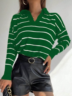Gelirr Kadın Uzun Kollu V Yaka Çizgili Triko Bluz
