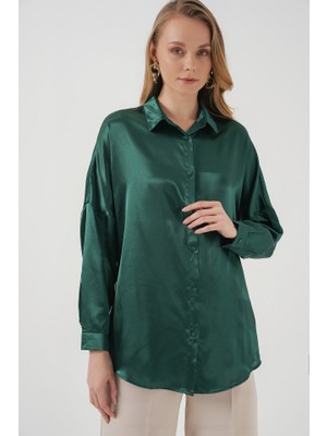 Gelirr 3985 Oversize Saten Gömlek - Zümrüt Yeşili